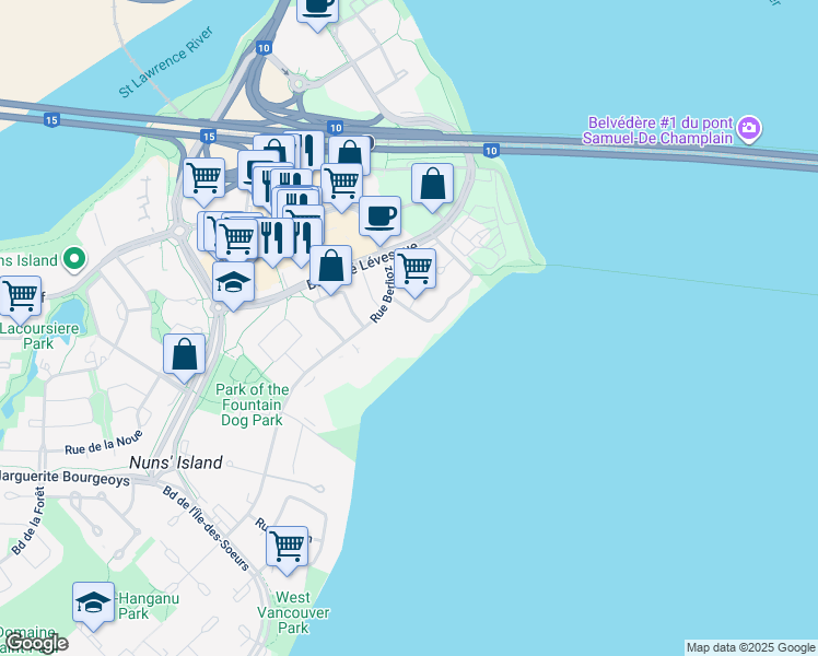 map of restaurants, bars, coffee shops, grocery stores, and more near 30 Rue Berlioz in Montréal