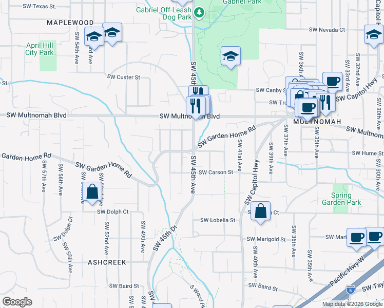 map of restaurants, bars, coffee shops, grocery stores, and more near 8232 Southwest 46th Avenue in Portland