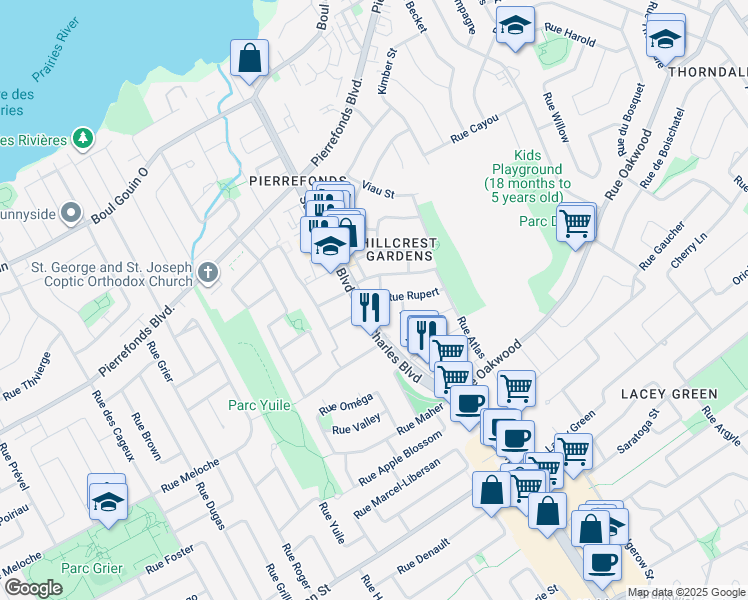 map of restaurants, bars, coffee shops, grocery stores, and more near 4819 Boulevard Saint-Charles in Montréal
