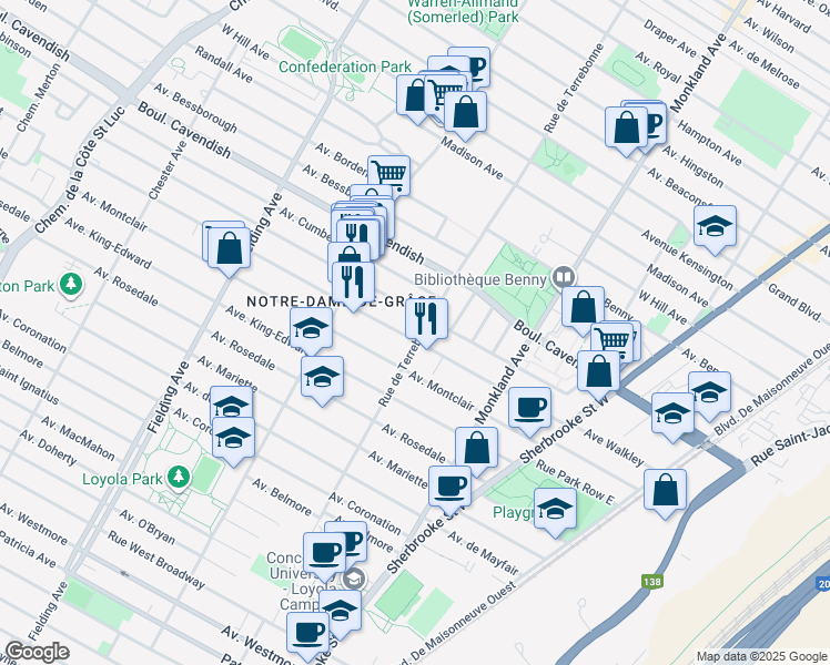 map of restaurants, bars, coffee shops, grocery stores, and more near 6645 Rue de Terrebonne in Montréal