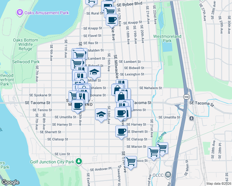 map of restaurants, bars, coffee shops, grocery stores, and more near 1647 Southeast Spokane Street in Portland