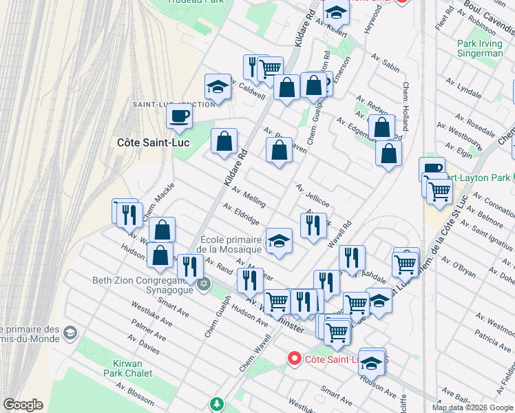 map of restaurants, bars, coffee shops, grocery stores, and more near 5704 Avenue Melling in Montréal