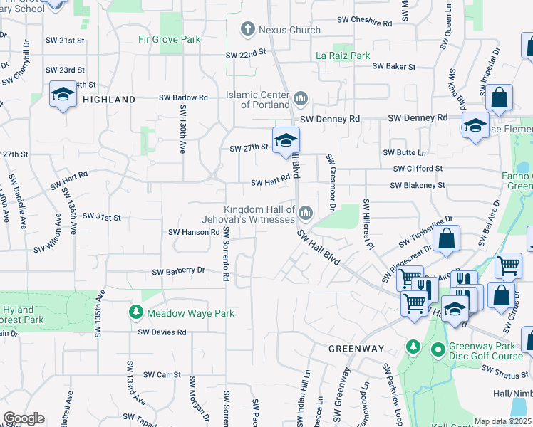 map of restaurants, bars, coffee shops, grocery stores, and more near 7560 Southwest Escalon Place in Beaverton