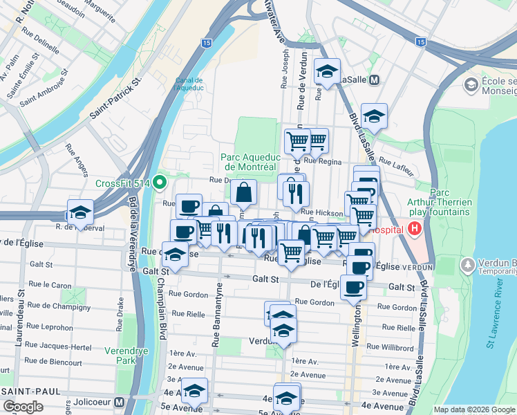 map of restaurants, bars, coffee shops, grocery stores, and more near 3897 Rue Claude in Verdun