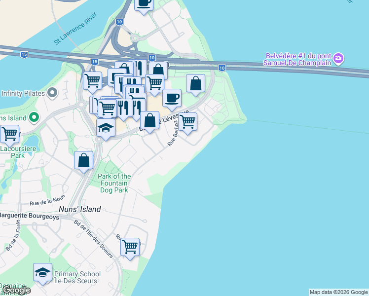 map of restaurants, bars, coffee shops, grocery stores, and more near 30 Rue Berlioz in Montreal