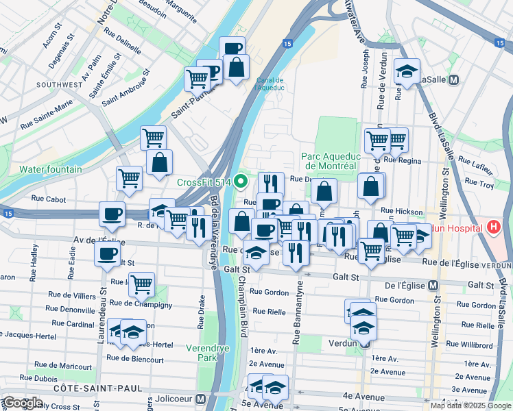 map of restaurants, bars, coffee shops, grocery stores, and more near 1170 Rue Hickson in Montréal