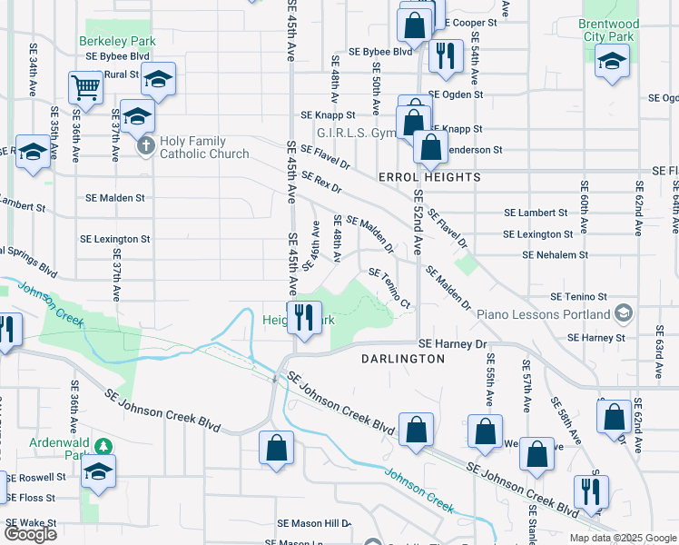 map of restaurants, bars, coffee shops, grocery stores, and more near 4615 Southeast Tenino Drive in Portland