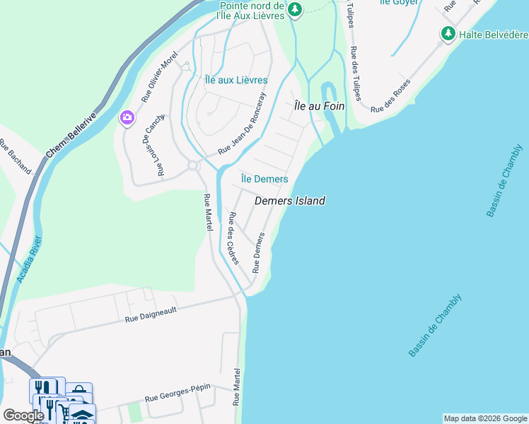 map of restaurants, bars, coffee shops, grocery stores, and more near 1018 Rue Demers in Carignan