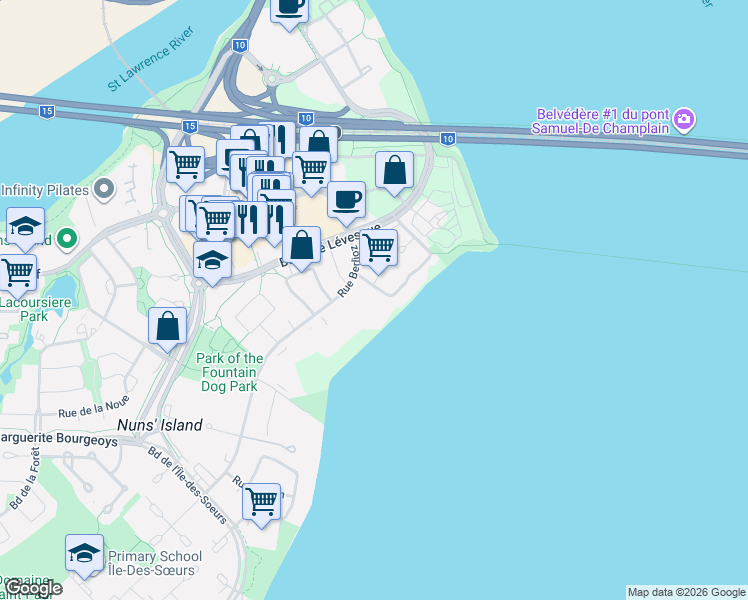 map of restaurants, bars, coffee shops, grocery stores, and more near 30 Rue Berlioz in Montréal