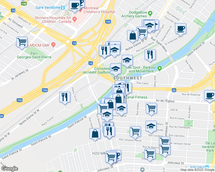 map of restaurants, bars, coffee shops, grocery stores, and more near 5523 Chemin de la Côte Saint Paul in Montreal