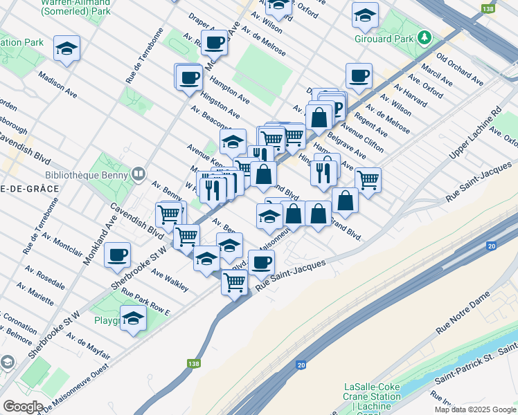 map of restaurants, bars, coffee shops, grocery stores, and more near 2390 Avenue Madison in Montréal