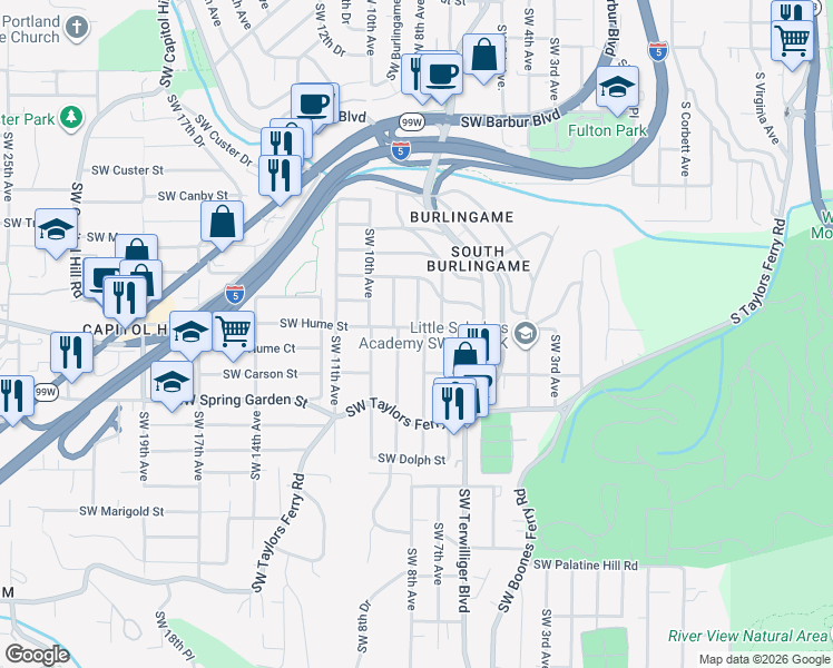 map of restaurants, bars, coffee shops, grocery stores, and more near 810 Southwest Hume Street in Portland