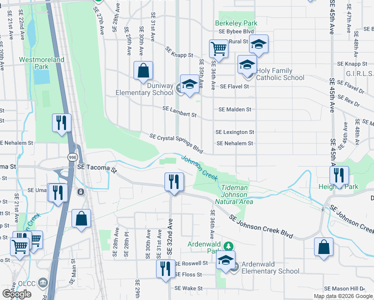 map of restaurants, bars, coffee shops, grocery stores, and more near 3426 Southeast Crystal Springs Boulevard in Portland