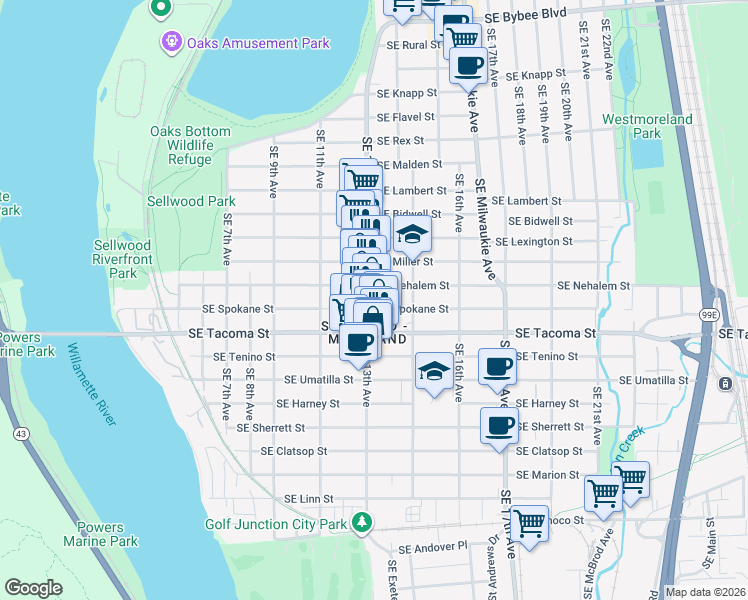 map of restaurants, bars, coffee shops, grocery stores, and more near in Portland