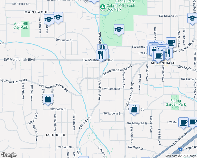 map of restaurants, bars, coffee shops, grocery stores, and more near 8232 Southwest 46th Avenue in Portland