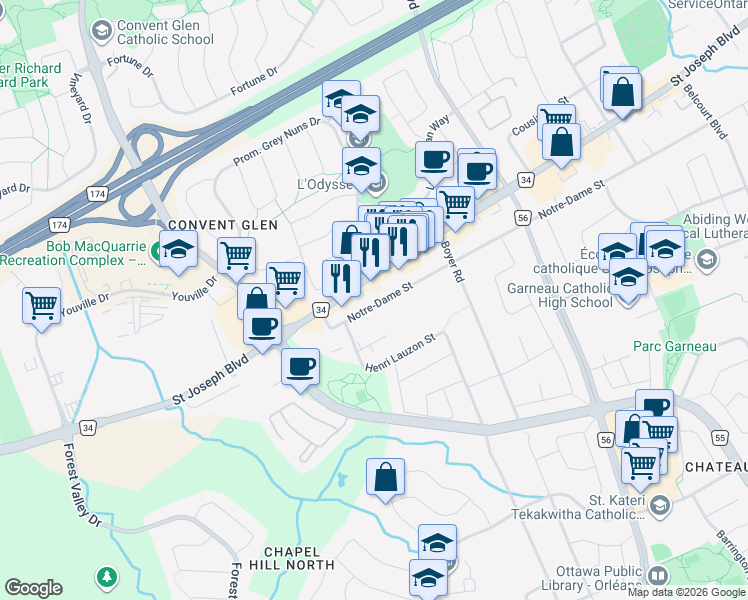 map of restaurants, bars, coffee shops, grocery stores, and more near 6687b Notre-Dame Street in Ottawa