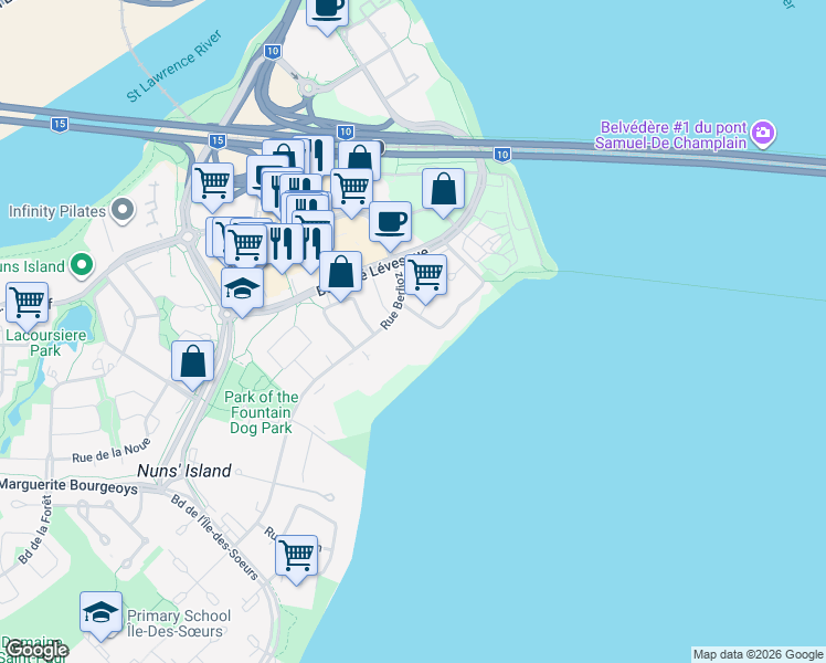 map of restaurants, bars, coffee shops, grocery stores, and more near 30 Rue Berlioz in Montréal