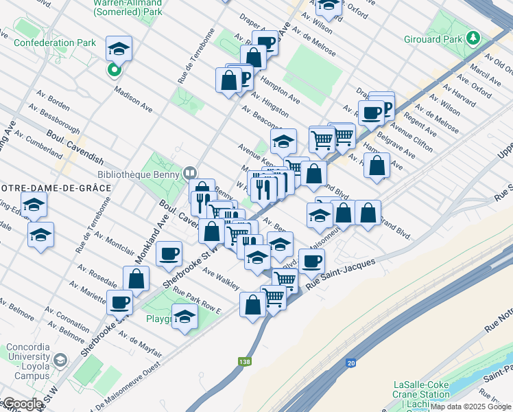 map of restaurants, bars, coffee shops, grocery stores, and more near 3405 Avenue Benny in Montréal