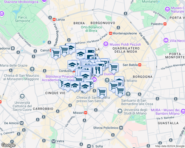 map of restaurants, bars, coffee shops, grocery stores, and more near 4 Via Silvio Pellico in Milano