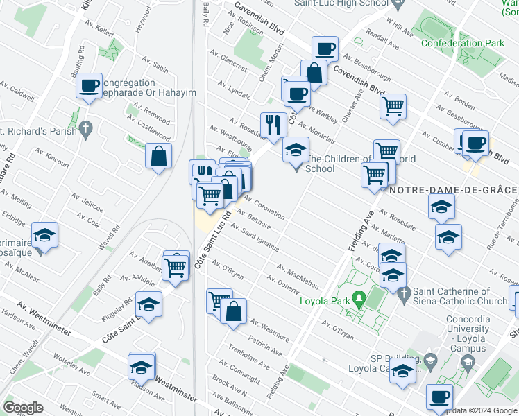 map of restaurants, bars, coffee shops, grocery stores, and more near 5410 Avenue Coronation in Montréal