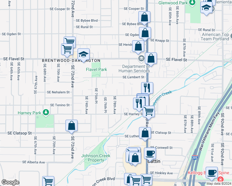 map of restaurants, bars, coffee shops, grocery stores, and more near 7801 Southeast Crystal Springs Boulevard in Portland
