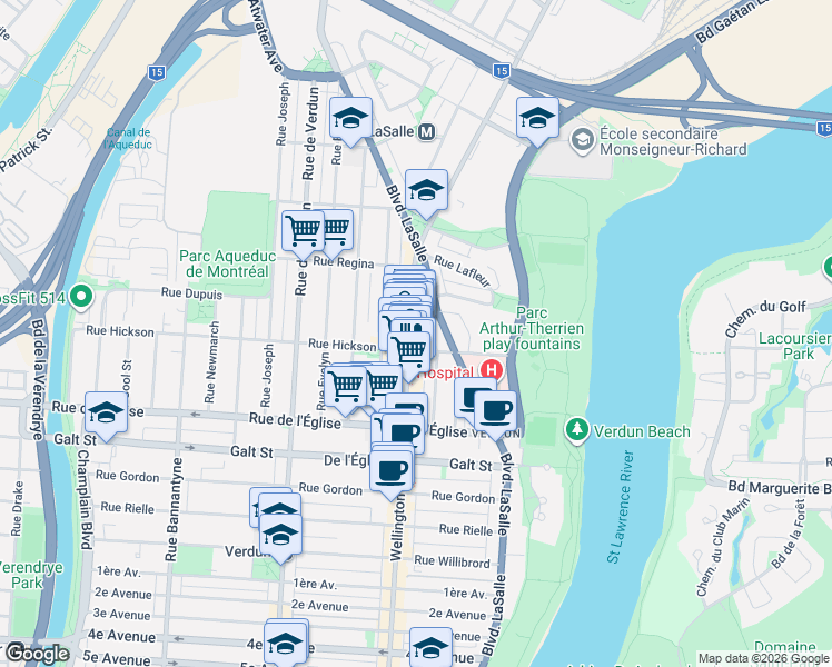 map of restaurants, bars, coffee shops, grocery stores, and more near 3864 Rue Wellington in Montréal