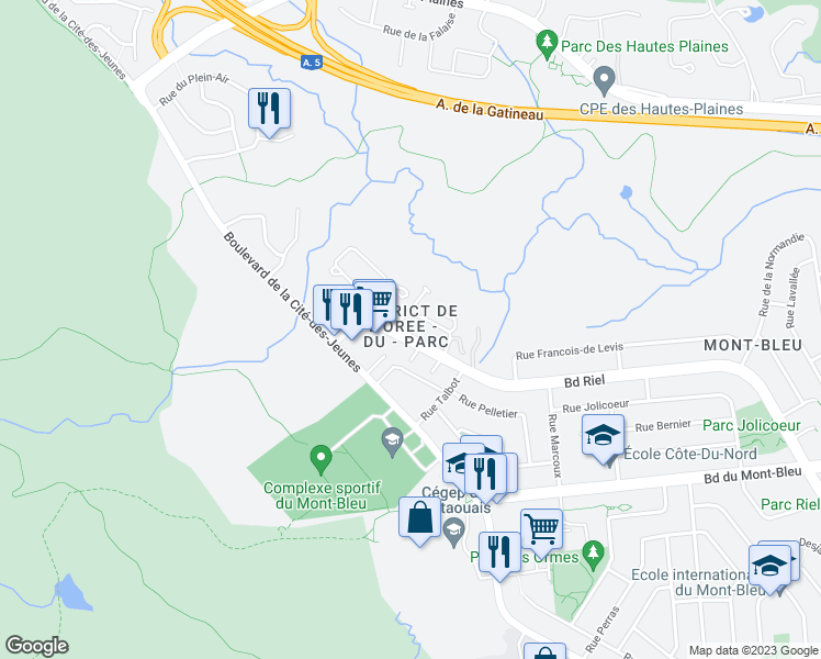 map of restaurants, bars, coffee shops, grocery stores, and more near 131 Rue du Ravin-Bleu in Gatineau