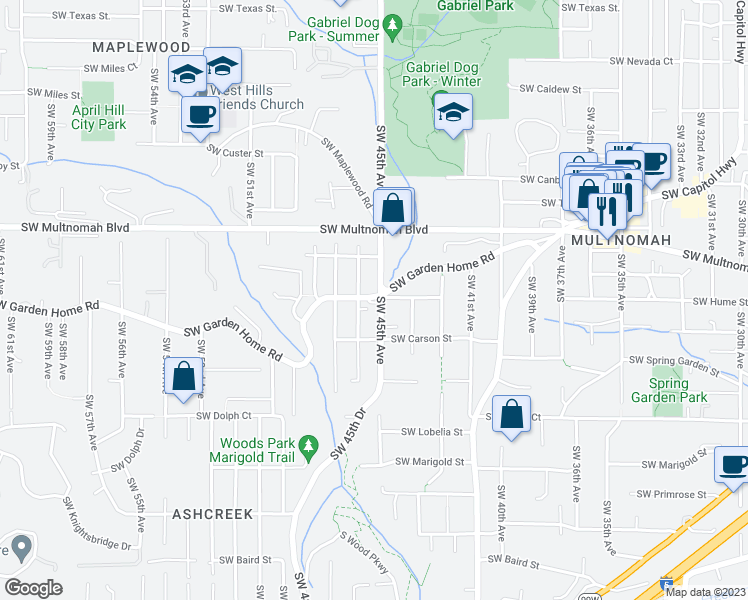 map of restaurants, bars, coffee shops, grocery stores, and more near 8207 Southwest 45th Avenue in Portland