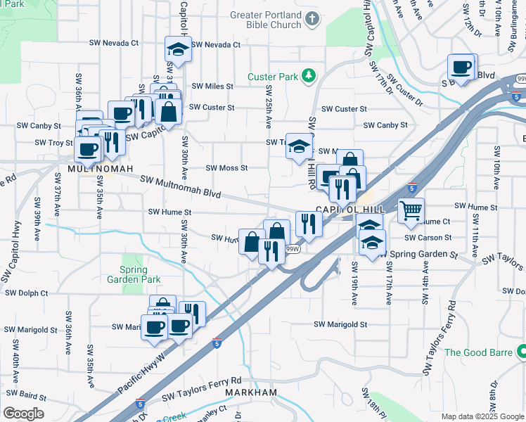 map of restaurants, bars, coffee shops, grocery stores, and more near 2525 Southwest Hume Court in Portland