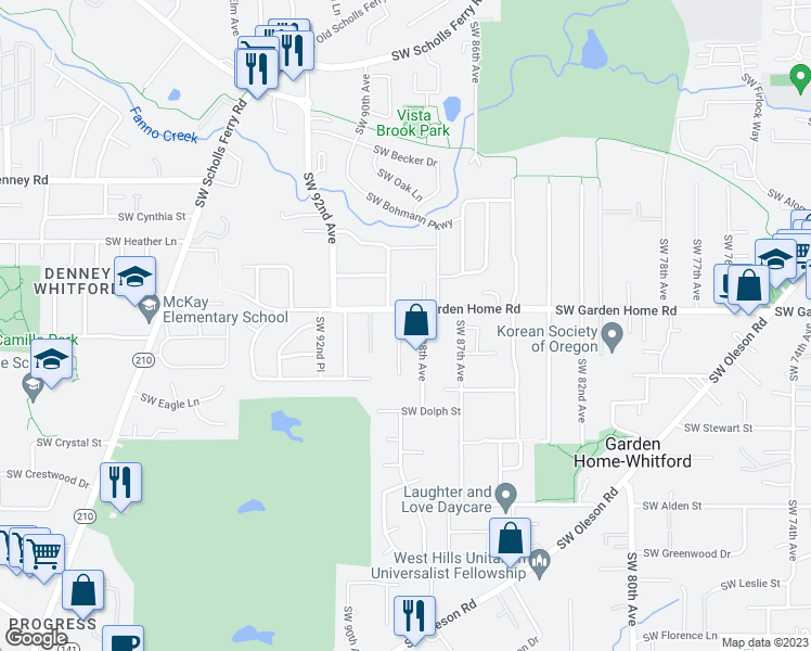 map of restaurants, bars, coffee shops, grocery stores, and more near 7615 Southwest 88th Avenue in Portland