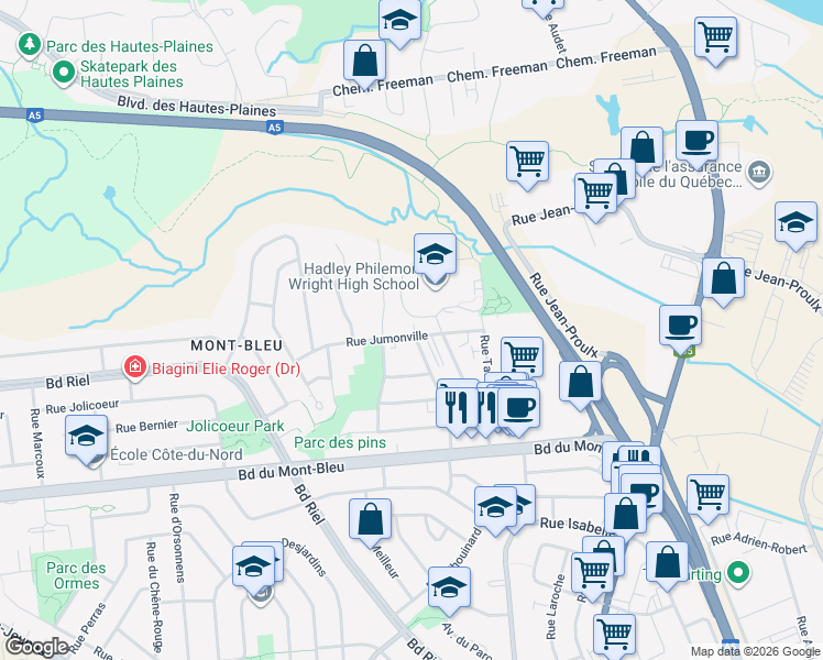 map of restaurants, bars, coffee shops, grocery stores, and more near 44 Rue Jumonville in Gatineau