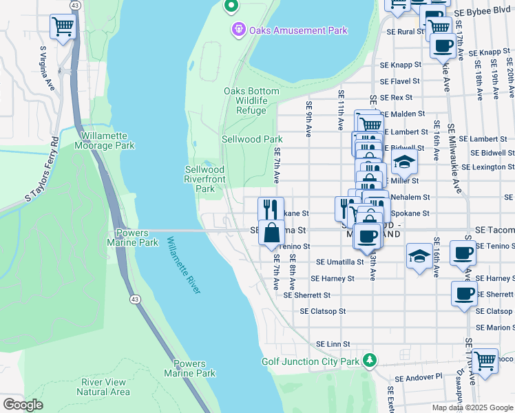 map of restaurants, bars, coffee shops, grocery stores, and more near 610 Southeast Spokane Street in Portland