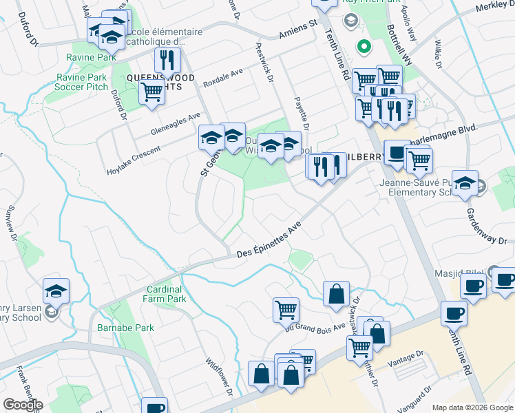 map of restaurants, bars, coffee shops, grocery stores, and more near 316 Cottonwood Crescent in Ottawa