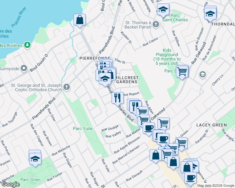 map of restaurants, bars, coffee shops, grocery stores, and more near 4819 Boulevard Saint-Charles in Montréal