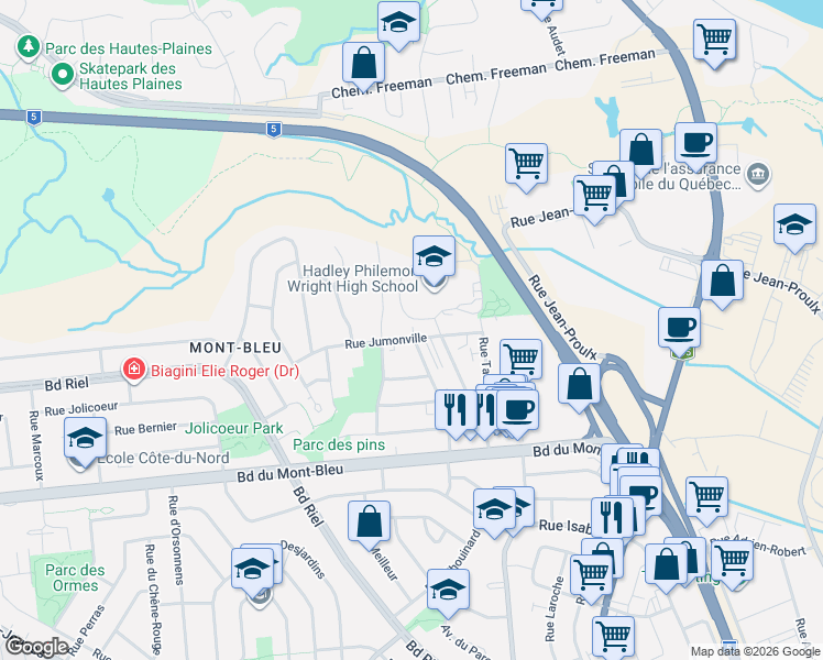 map of restaurants, bars, coffee shops, grocery stores, and more near 44 Rue Jumonville in Gatineau