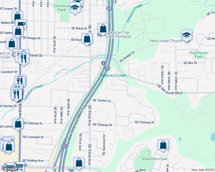 map of restaurants, bars, coffee shops, grocery stores, and more near 8030 Southeast Aspen Summit Drive in Portland