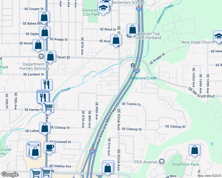 map of restaurants, bars, coffee shops, grocery stores, and more near 7965 Southeast 92nd Avenue in Portland