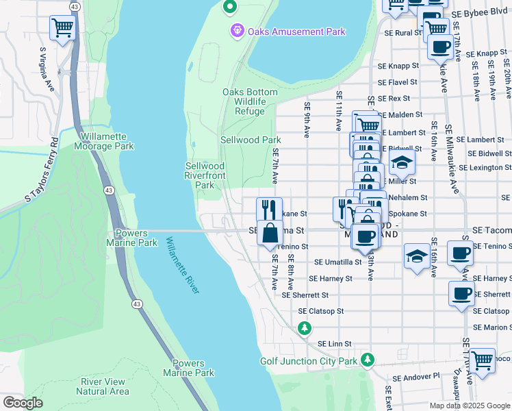 map of restaurants, bars, coffee shops, grocery stores, and more near 610 Southeast Spokane Street in Portland