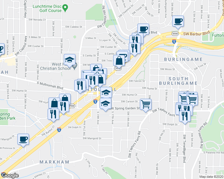 map of restaurants, bars, coffee shops, grocery stores, and more near 1725 Southwest Multnomah Boulevard in Portland