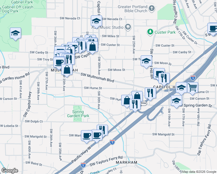 map of restaurants, bars, coffee shops, grocery stores, and more near 2790 Southwest Hume Street in Portland