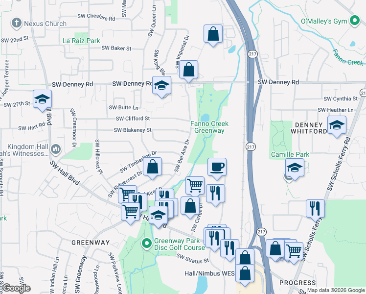 map of restaurants, bars, coffee shops, grocery stores, and more near 7620 Southwest Bel Aire Drive in Beaverton