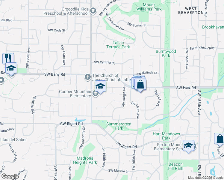 map of restaurants, bars, coffee shops, grocery stores, and more near 7544 Southwest Steinbach Terrace in Beaverton