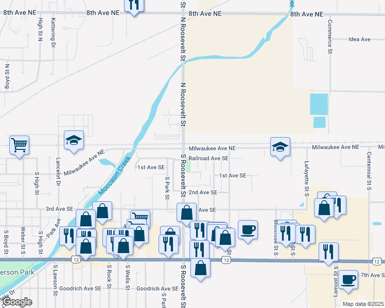 map of restaurants, bars, coffee shops, grocery stores, and more near 11 South Roosevelt Street in Aberdeen