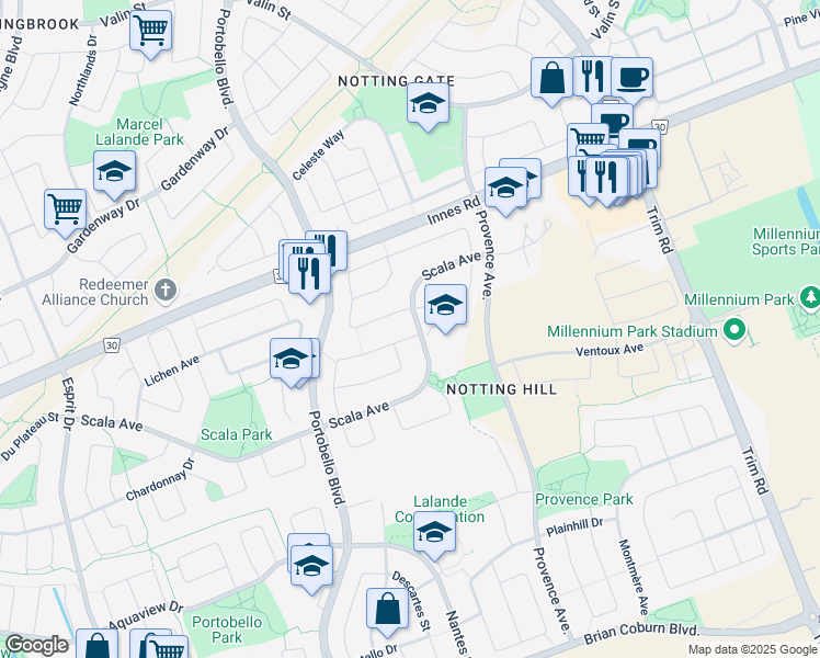 map of restaurants, bars, coffee shops, grocery stores, and more near 853 Swallowtail Crescent in Ottawa