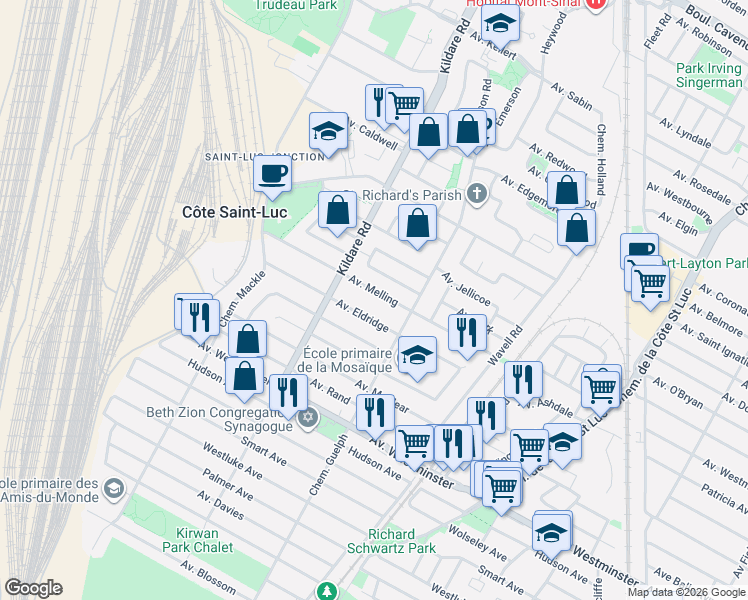 map of restaurants, bars, coffee shops, grocery stores, and more near 5718 Avenue Melling in Côte Saint-Luc