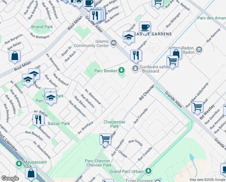 map of restaurants, bars, coffee shops, grocery stores, and more near 5665 Rue Bisaillon in Brossard