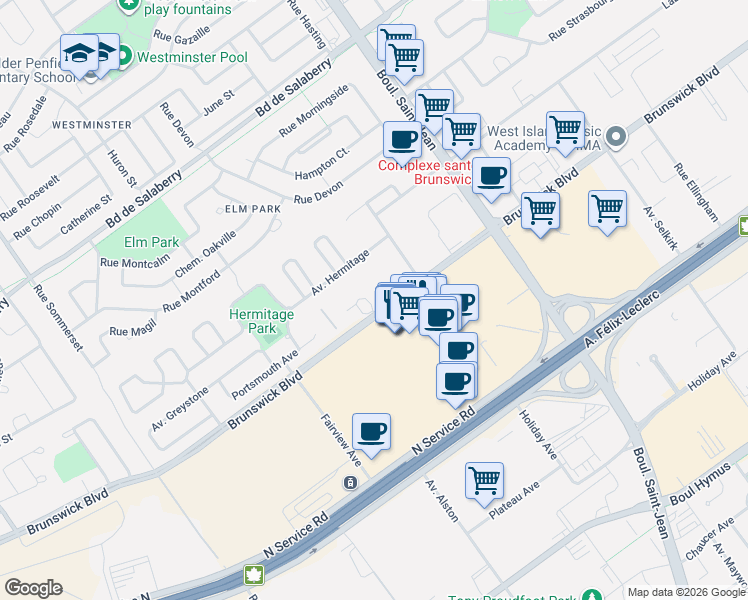 map of restaurants, bars, coffee shops, grocery stores, and more near 353 Brunswick Boulevard in Pointe-Claire