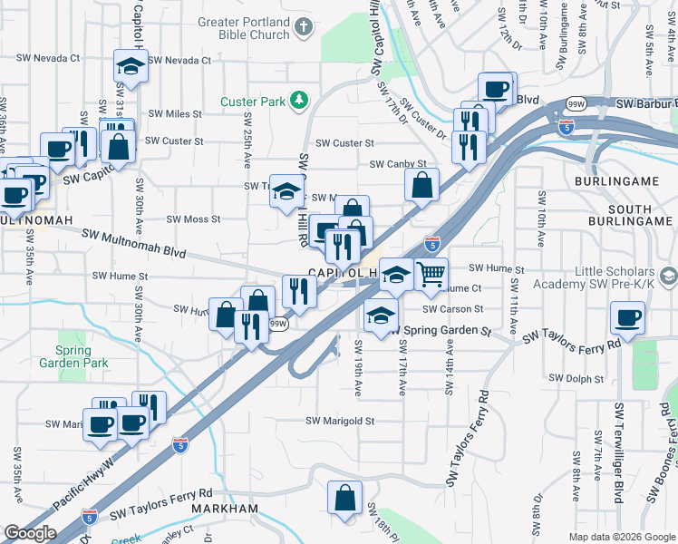 map of restaurants, bars, coffee shops, grocery stores, and more near 1926 Southwest Hume Court in Portland