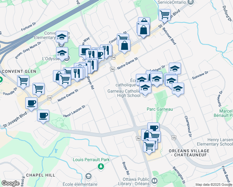 map of restaurants, bars, coffee shops, grocery stores, and more near 1389 Superior Court in Ottawa