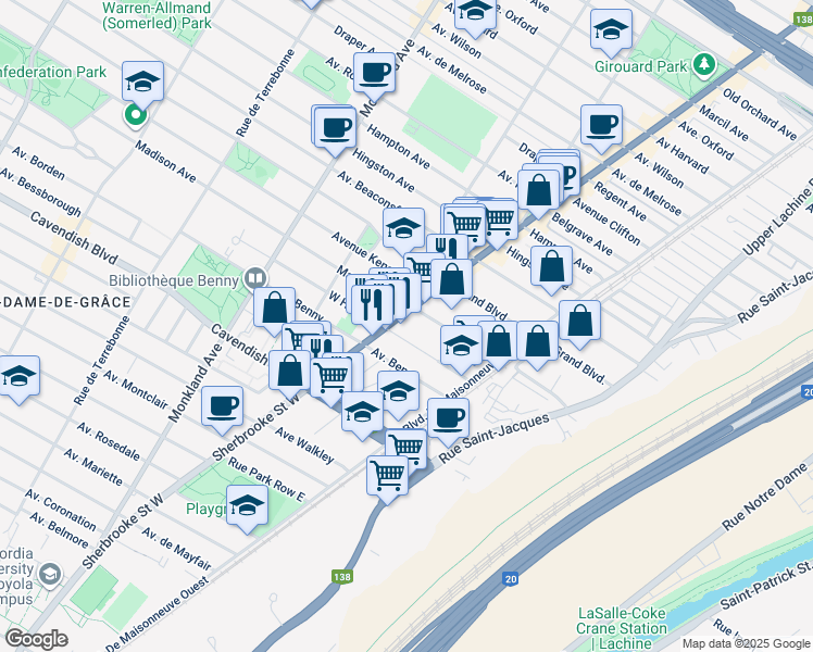 map of restaurants, bars, coffee shops, grocery stores, and more near in Montreal